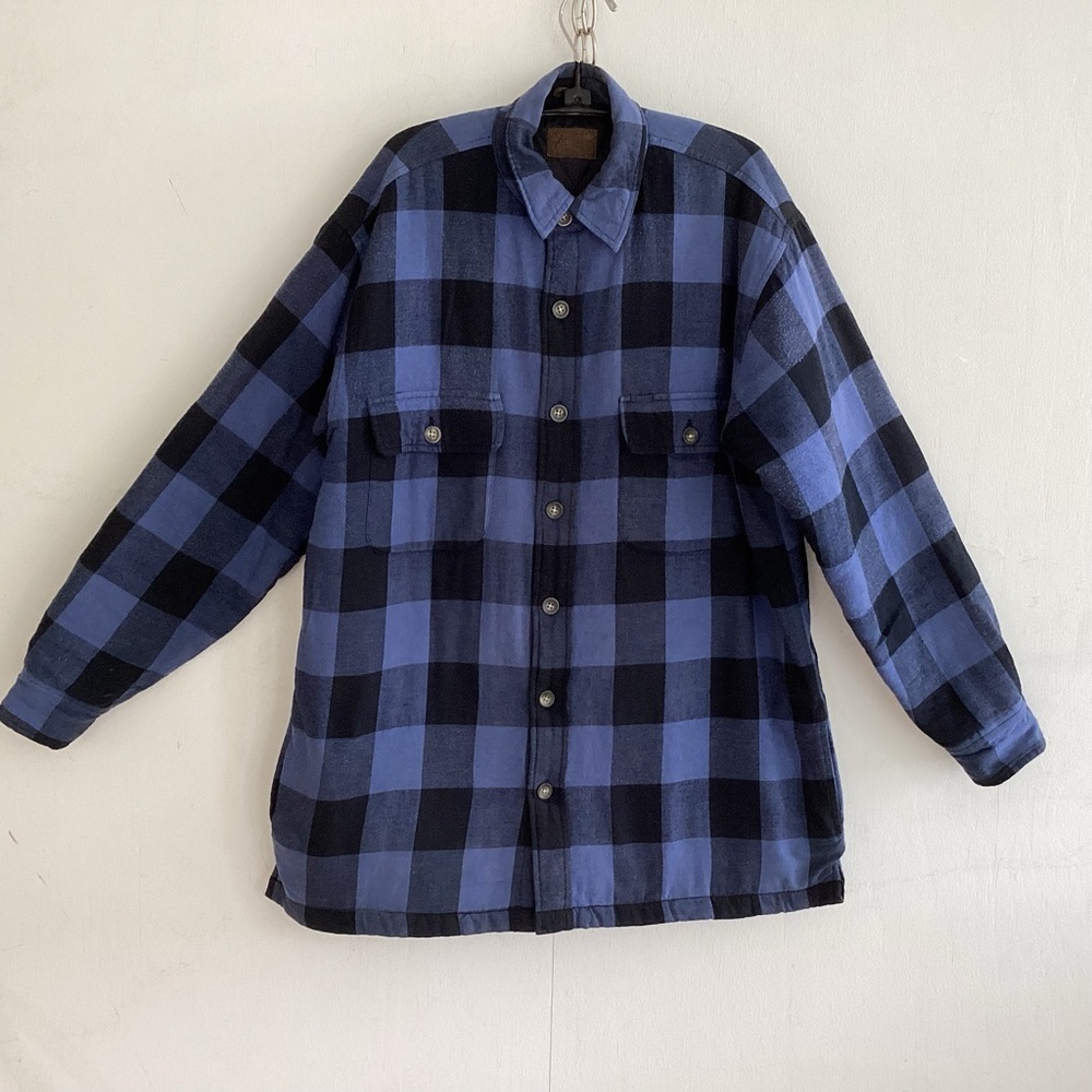 St.Johns Bay Blue and Black Buffalo Plaid Flannel Quilt Lined Shirt Jacket Med